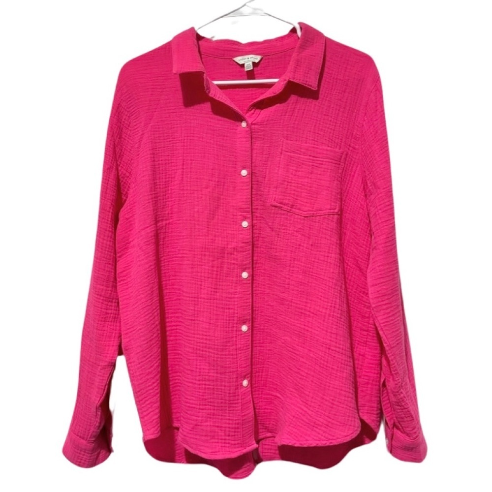 Lucky Brand Pink Button Down Shirt Flannel Lagenlook Minimal Boho Size Medium